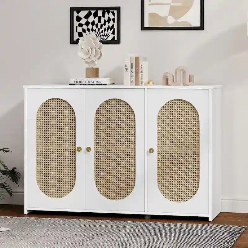 Three-Door Sideboard with Rattan-Style Panels and Metal Handles