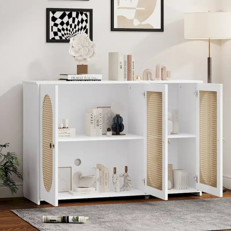 Three-Door Sideboard with Rattan-Style Panels and Metal Handles