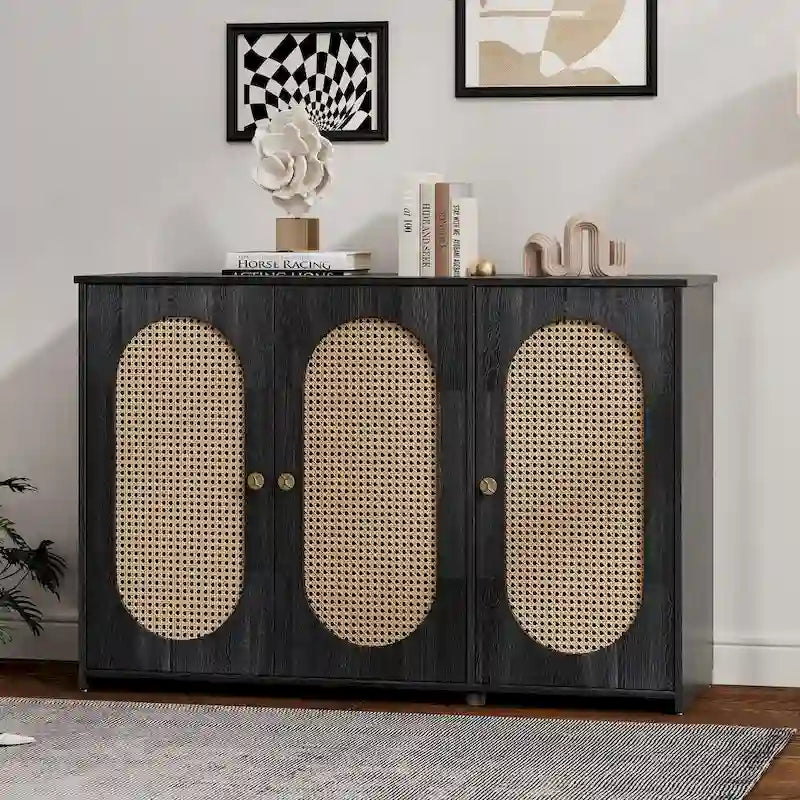 Three-Door Sideboard with Rattan-Style Panels and Metal Handles