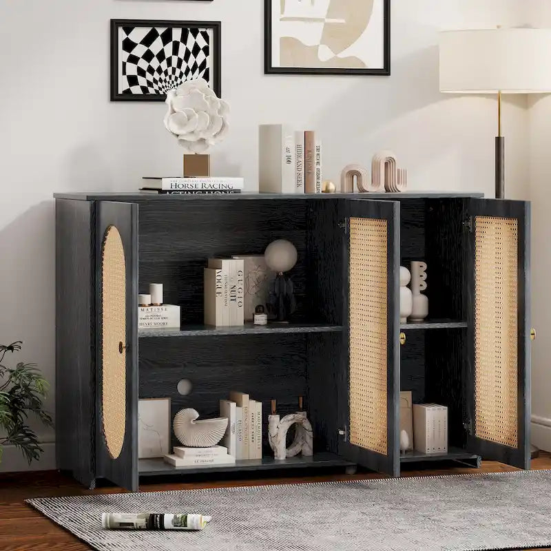 Three-Door Sideboard with Rattan-Style Panels and Metal Handles