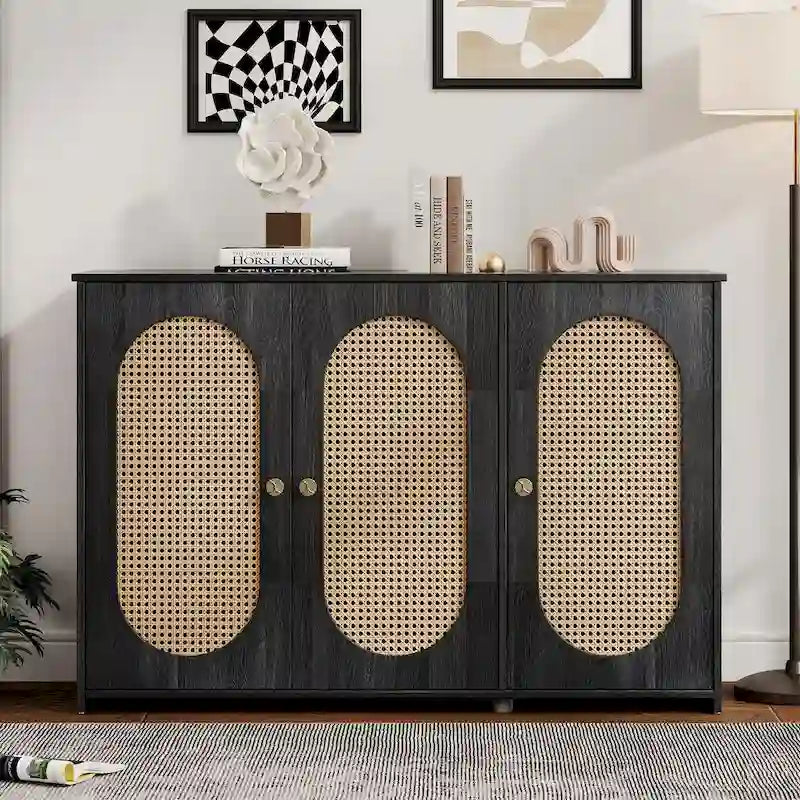 Three-Door Sideboard with Rattan-Style Panels and Metal Handles