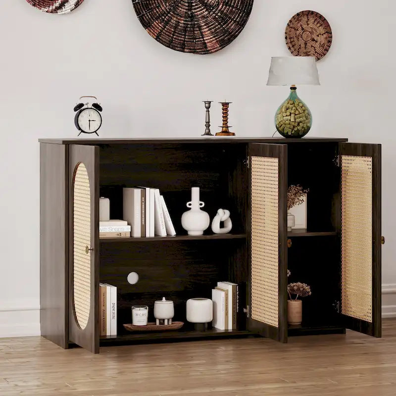 Three-Door Sideboard with Rattan-Style Panels and Metal Handles