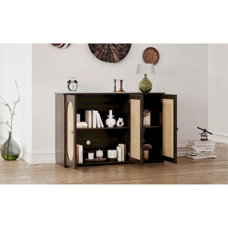 Three-Door Sideboard with Rattan-Style Panels and Metal Handles