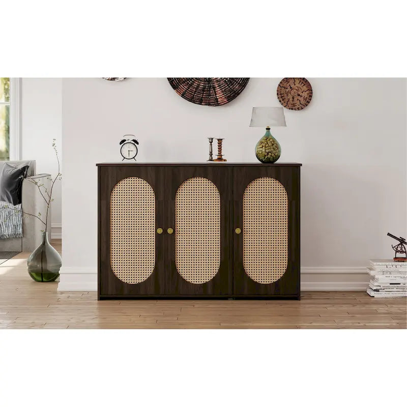 Three-Door Sideboard with Rattan-Style Panels and Metal Handles