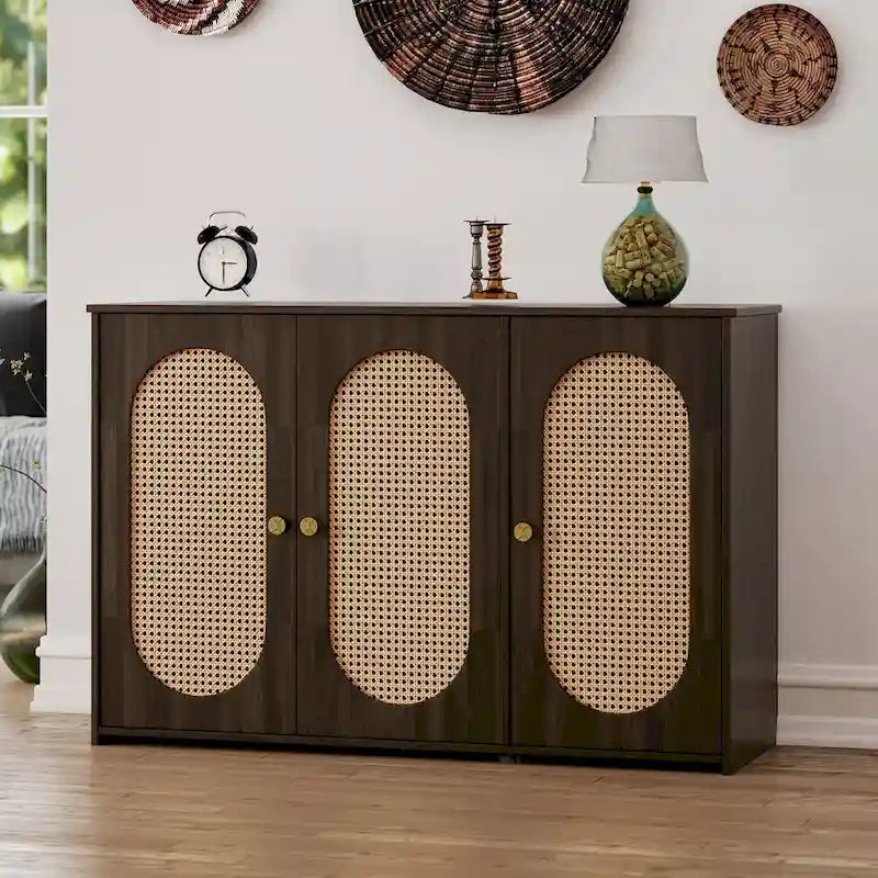 Three-Door Sideboard with Rattan-Style Panels and Metal Handles