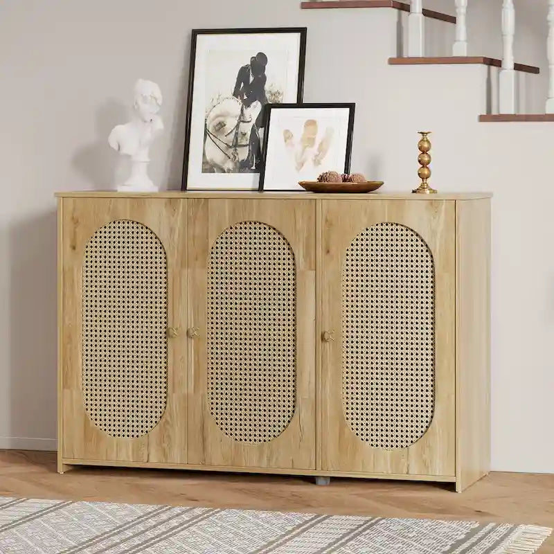 Three-Door Sideboard with Rattan-Style Panels and Metal Handles