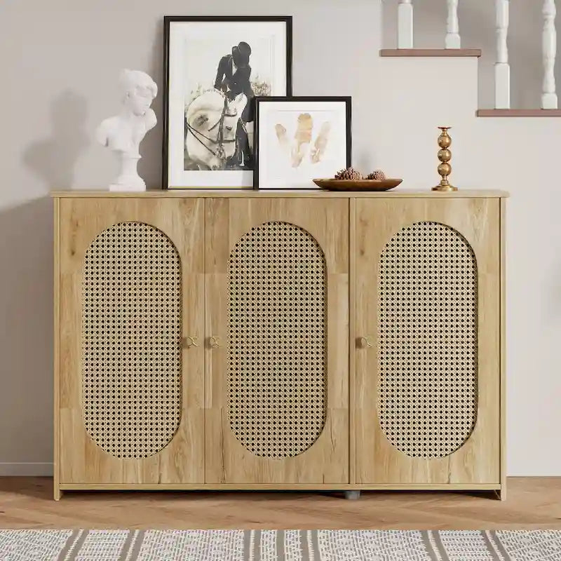 Three-Door Sideboard with Rattan-Style Panels and Metal Handles