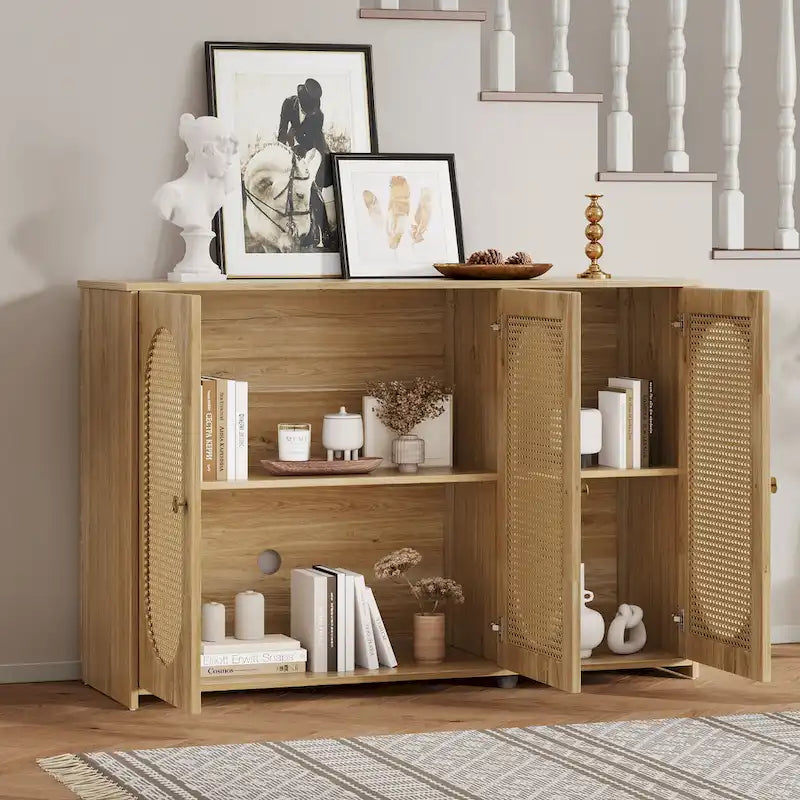 Three-Door Sideboard with Rattan-Style Panels and Metal Handles
