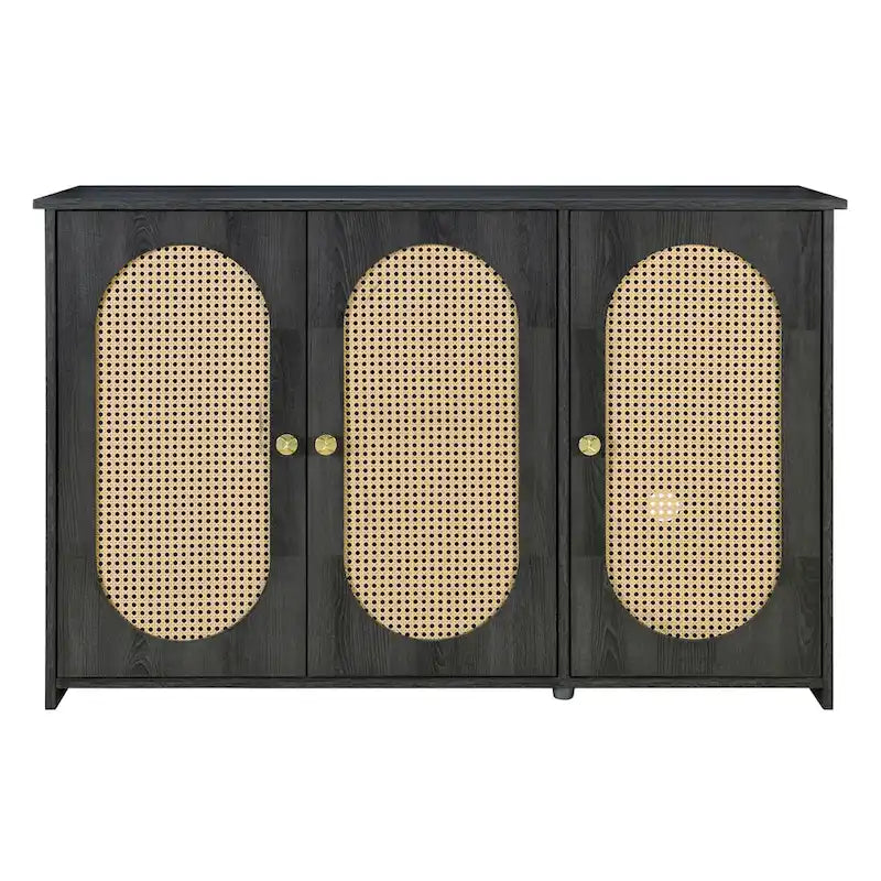 Three-Door Sideboard with Rattan-Style Panels and Metal Handles