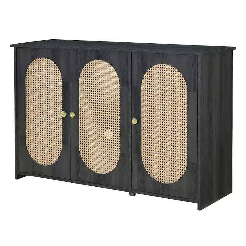 Three-Door Sideboard with Rattan-Style Panels and Metal Handles