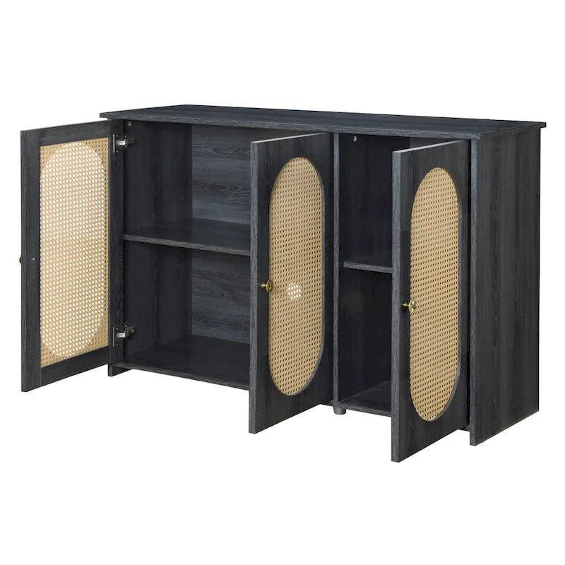 Three-Door Sideboard with Rattan-Style Panels and Metal Handles