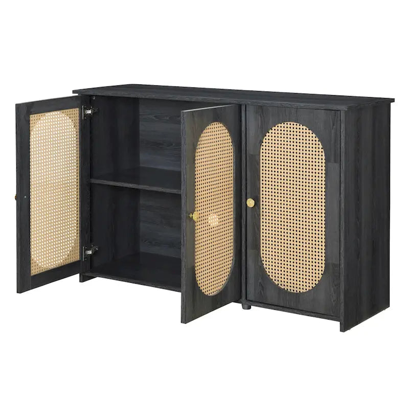 Three-Door Sideboard with Rattan-Style Panels and Metal Handles