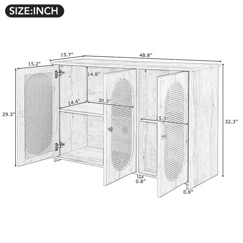 Three-Door Sideboard with Rattan-Style Panels and Metal Handles