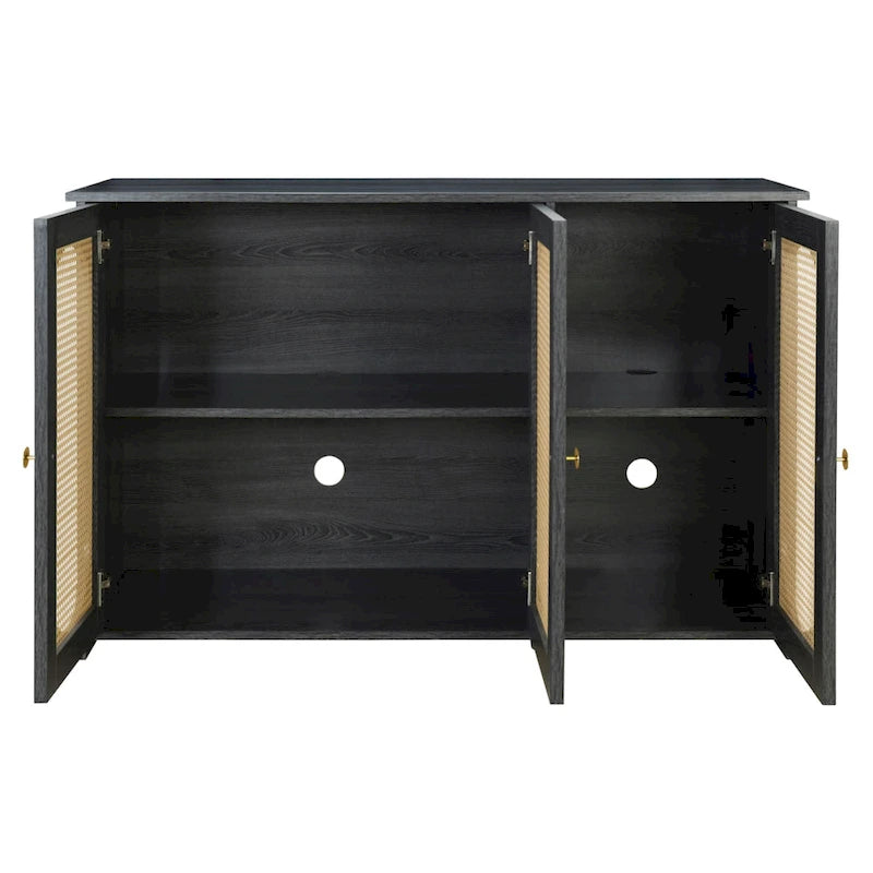 Three-Door Sideboard with Rattan-Style Panels and Metal Handles