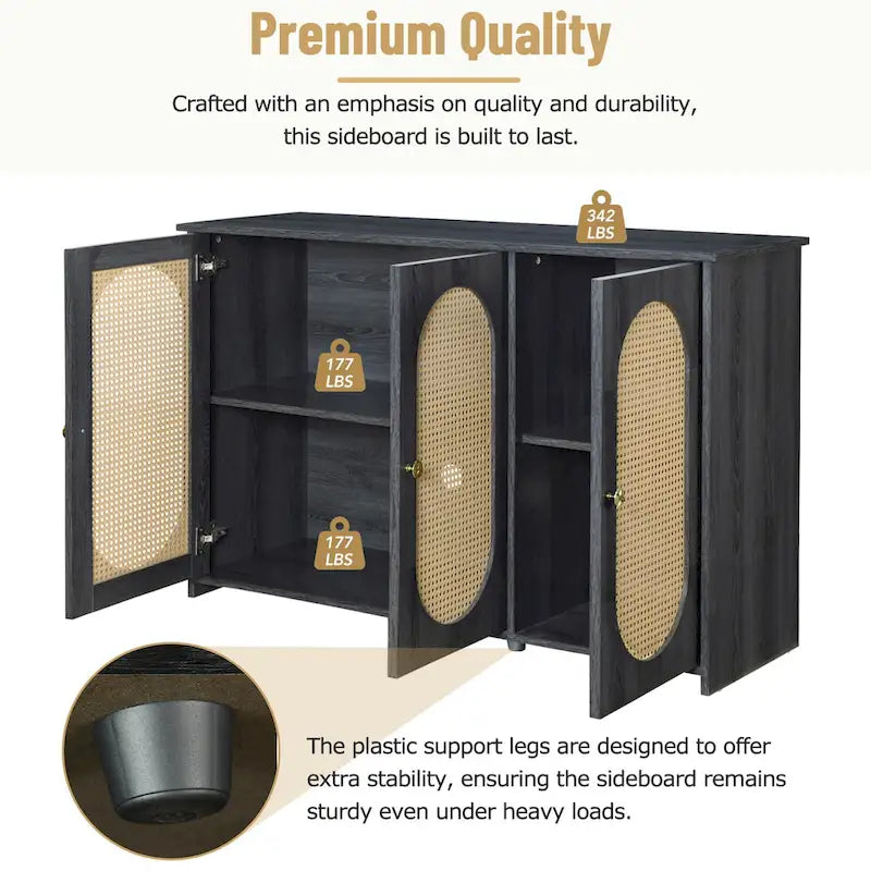 Three-Door Sideboard with Rattan-Style Panels and Metal Handles