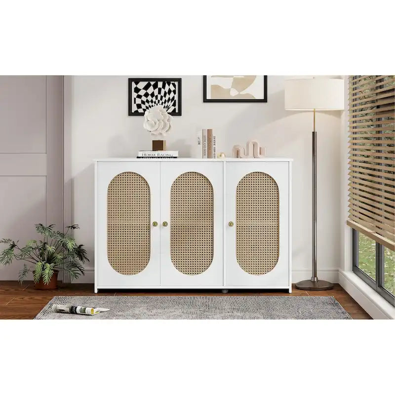 Three-Door Sideboard with Rattan-Style Panels and Metal Handles